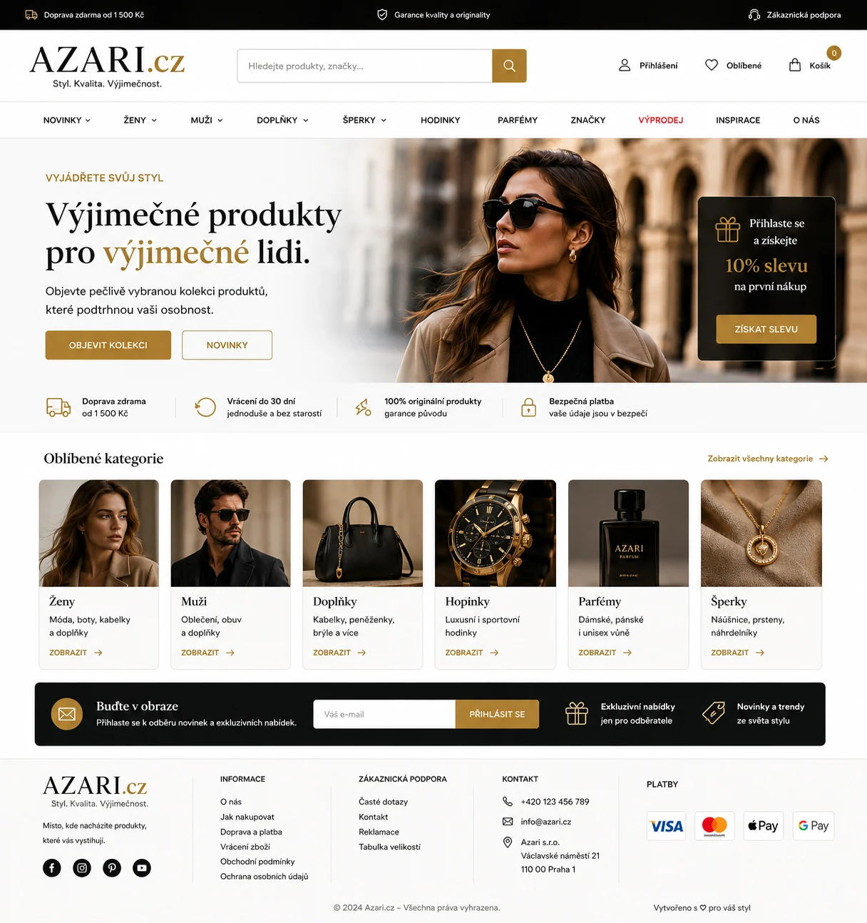 Vizuální návrh možného projektu Azari.cz zaměřeného na prémiový lifestylový e-shop s módními doplňky, šperky a parfémy